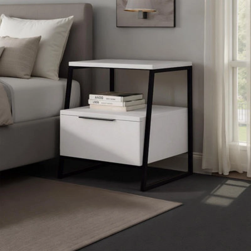 Image of FWStyle FWStyle White 1 Door Bedside Table Nightstand Black Metal White One Size Unisex 5056413133243