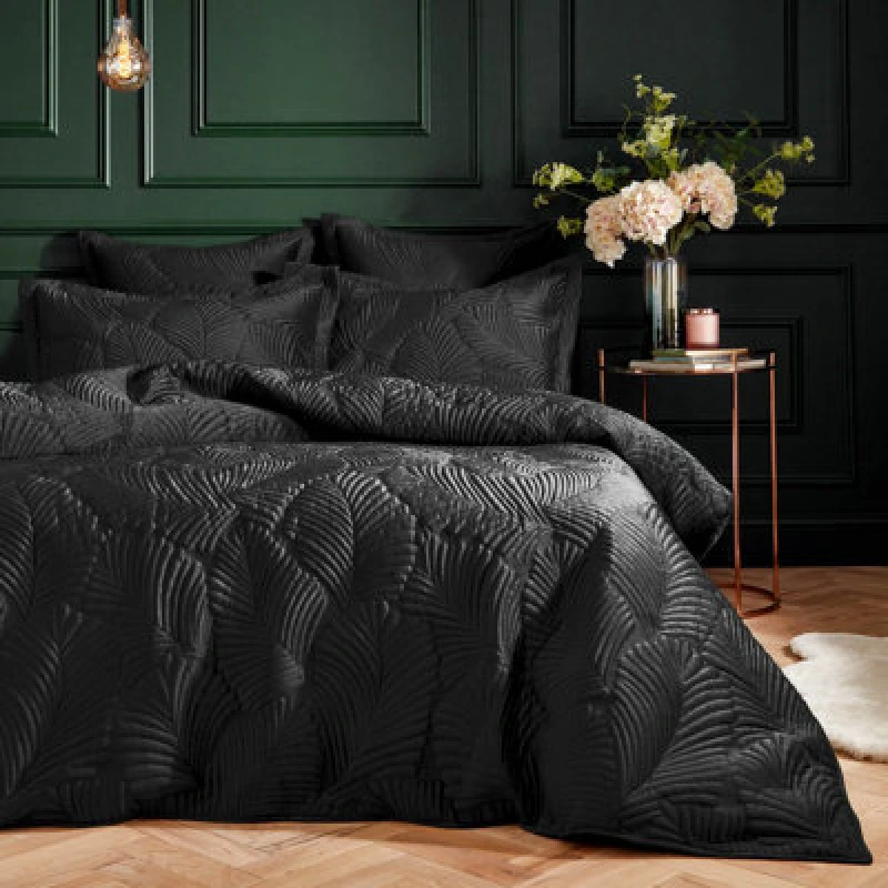Image of Paoletti Palmeria Quilted Velvet Duvet Set, Super King, Black