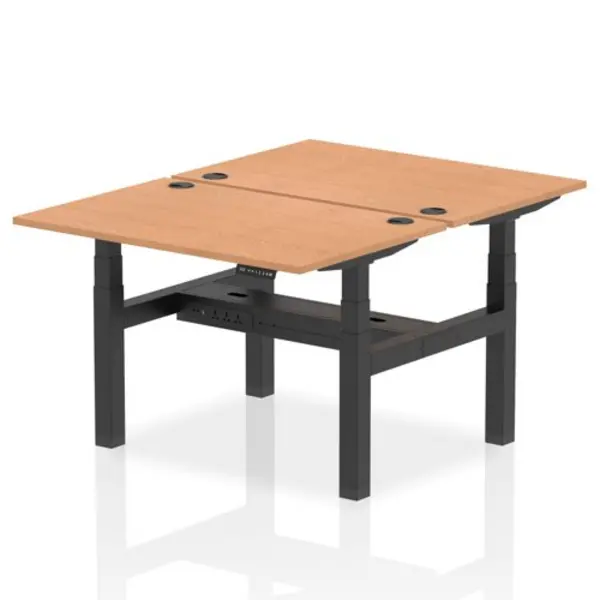 Image of Air Air Back-to-Back 1200 x 800mm Height Adjustable 2 Person Bench Desk Oak Top with Cable Ports Black Frame HASCP2P12800OAKB