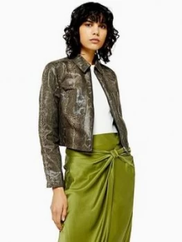 Image of Topshop Snake Print Cropped Jacket - Green, Size 6, Women