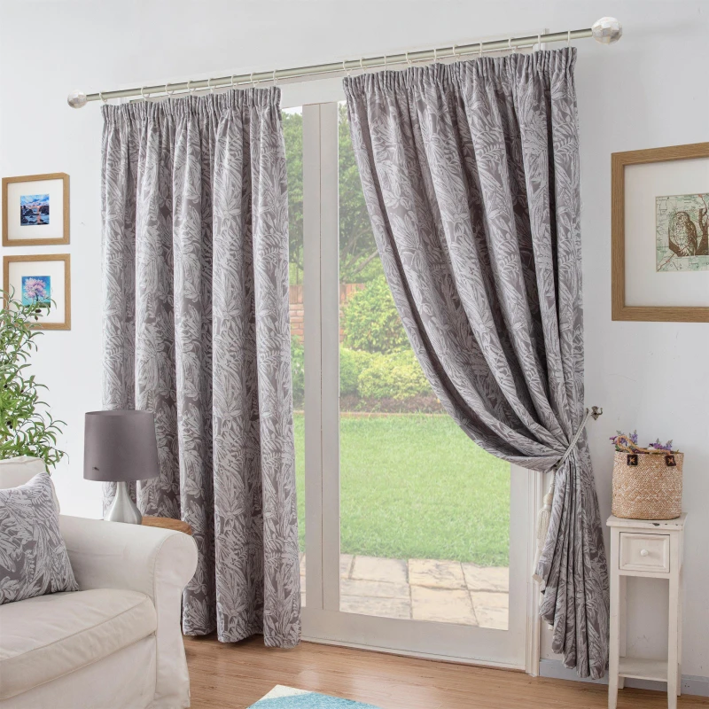 Image of Alan Symonds Chenille Jacquard Lined Pencil Pleat Curtains - Silver Silver 45x54