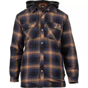 Image of Dickies Mens Fleece Hood Flannel Shirt Jacket Blue L in Navy, Size Large Cotton