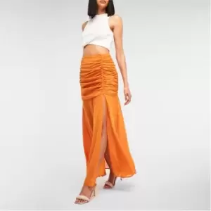 image of Missguided Mesh Ruched Split Hem Midaxi Skirt - Brown