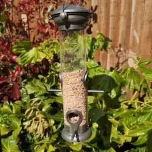 image of Tom Chambers Heavy Duty Flick and Click 4 Port Garden Wild Bird Hanging Pewter Metal Seed Feeder