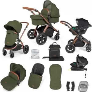 image of Ickle Bubba Stomp Luxe All-in-One Premium i-Size Travel System with ISOFIX Base, Bronze / Woodland / Tan