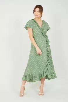 Image of Green Polka Dot Frill Wrap Dress