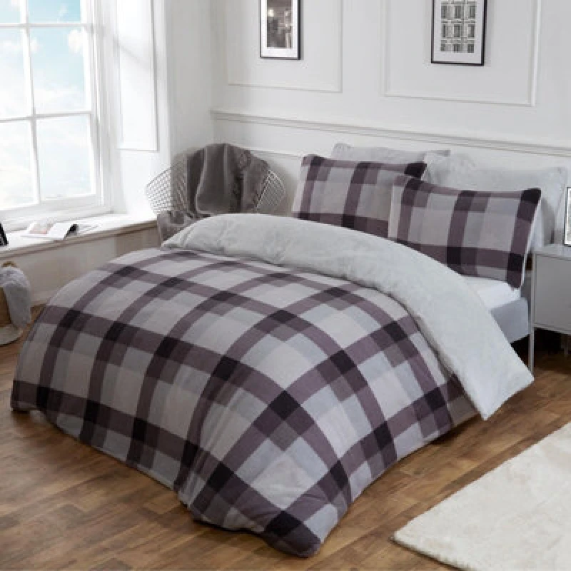 Image of OHS OHS Check Teddy Duvet Cover with Pillowcase Set in Grey Size: Double Grey Double Unisex 5027434010264