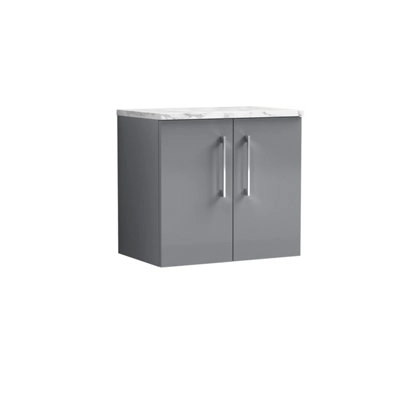 Image of NUIE Arno Wall Hung 2-Door Vanity Unit with Carrera Marble Worktop 600mm Wide - Satin Grey - Nuie ARN2223LCM