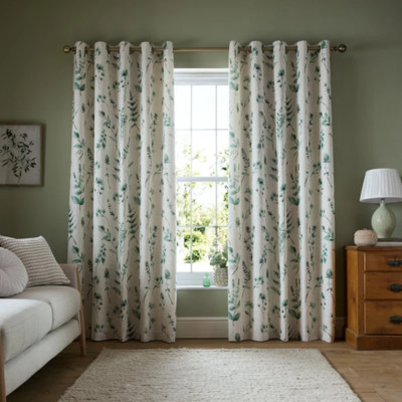 Image of Catherine Lansfield Watercolour Leaves 46X54" Lined Eyelet Curtains Two Panels Natural / Green
