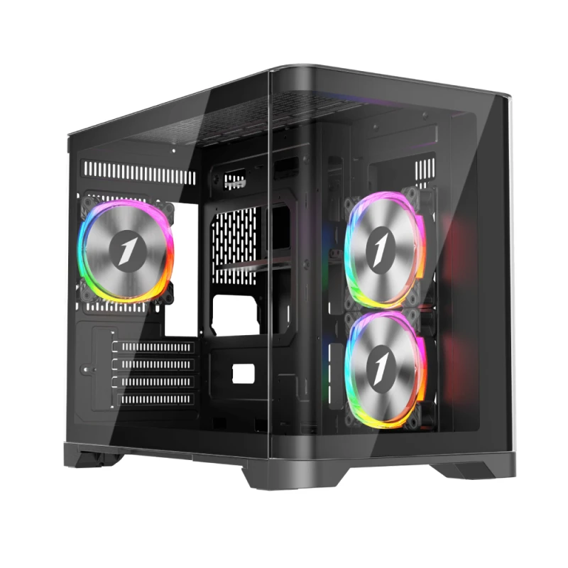 Image of 1st Player UV6 Tempered Glass Micro ATX Gaming Case - Black with 3 RGB Fans UV6-BK-2FS7R-1FS7