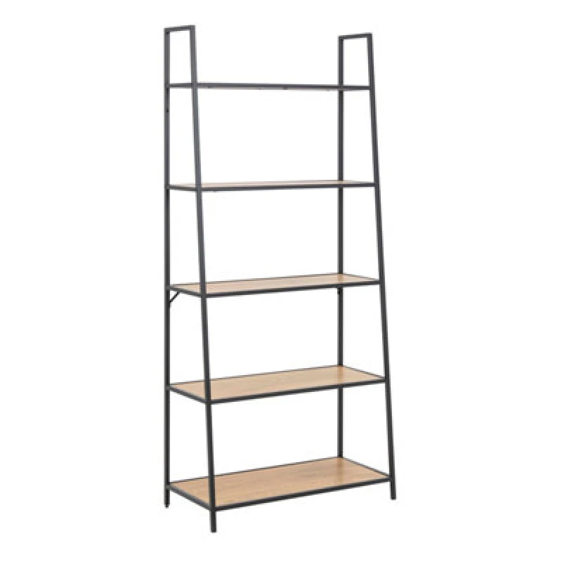 Image of Furniture To Go Seaford Black Metal Ladder Bookcase with 5 Oak Shelves Black Unisex