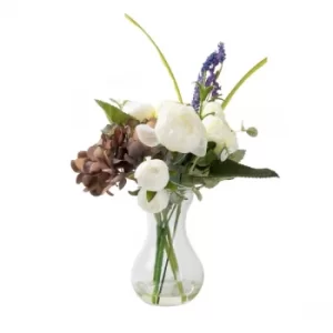 image of The Flower Patch Buttercup & Carnations Cream & Purple in Glass Vase 33.5cm