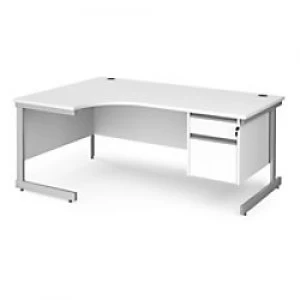 image of Dams International Left Hand Ergonomic Desk with White MFC Top and Silver Frame Cantilever Legs and 2 Lockable Drawer Pedestal Contract 25 1800 x 1200