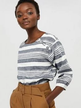 image of Monsoon Brooke Stripe Organic Cotton Linen Top - Navy