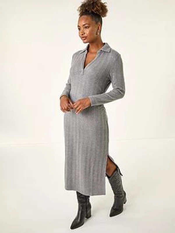 Image of Roman Womens Collar Ribbed Knit Miid Dress in Grey Size: 18 Grey Female 18
