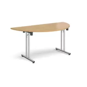 image of Semi circular folding leg table with chrome legs and straight foot rails 1600mm x 800mm - oak