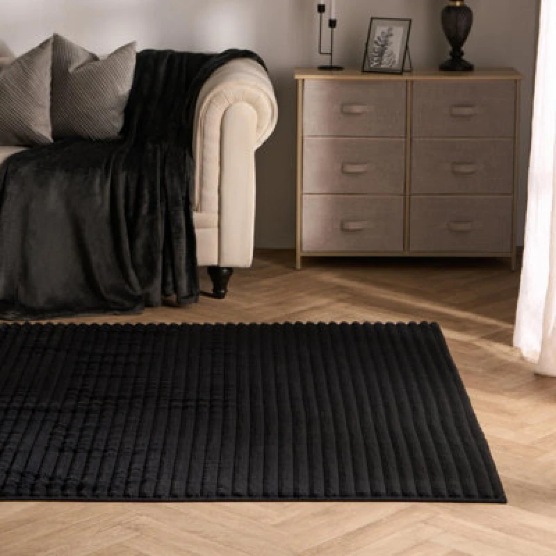 Image of OHS OHS Faux Fur Rug Ribbed Mat Luxury Carpet Anti Slip Runner in Black Size: 80cm x 150cm Black 80cm x 150cm Unisex 5027434231591