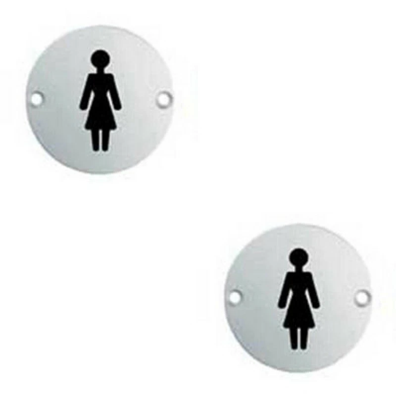 Image of Loops 2x Bathroom Door Female Symbol Sign 64mm Fixing Centres 76mm Dia Polished Steel Metallics