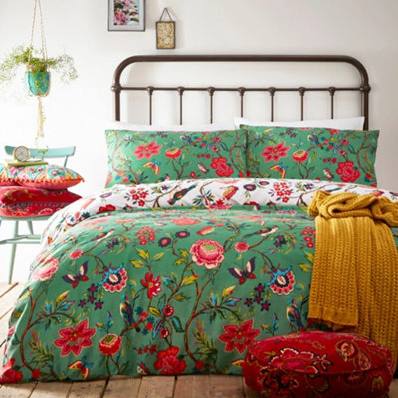 Image of Furn. Pomelo Tropical Floral Reversible Duvet Cover Set, Double, Green
