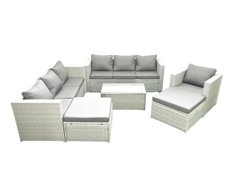 Image of Fimous Wicker PE Rattan Sofa Garden Furniture Set with Armchair Oblong Coffee Table 2 Big Footstools Light Grey Mixed Light Grey