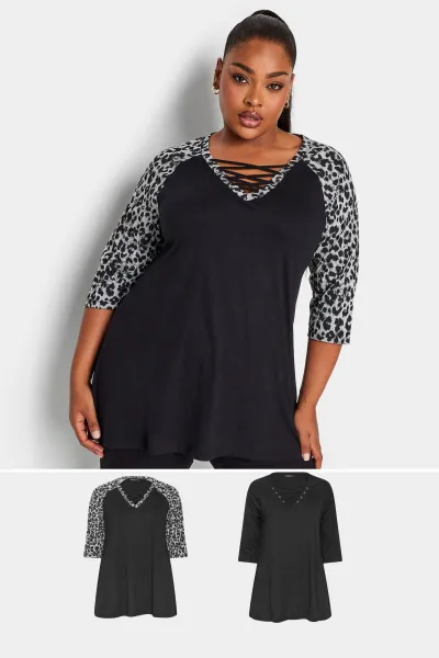 Image of 2 Pack Printed Lace Up Eyelet Tops