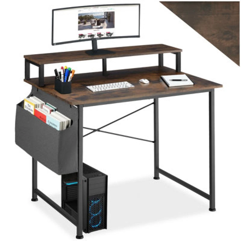 Image of Tectake Desk - With Shelving And Fabric Storage Bag 120 Cm - Industrial Wood Dark, Rustic