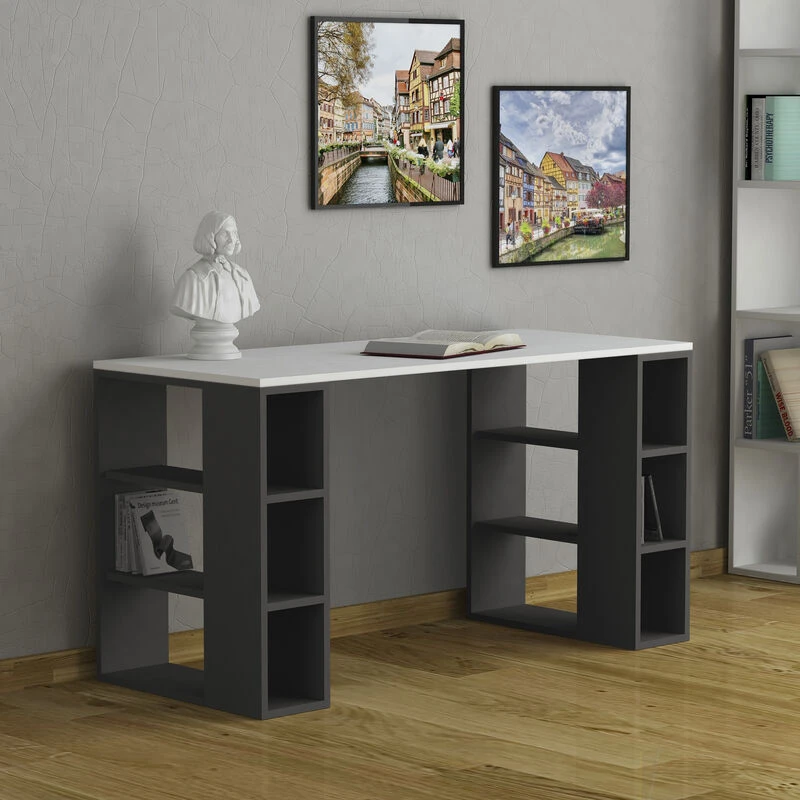 Image of DECORTIE Decortie - Colmar Modern Desk White Anthracite Grey With Bookshelf Legs Width 140cm - White M.MS.12597.9