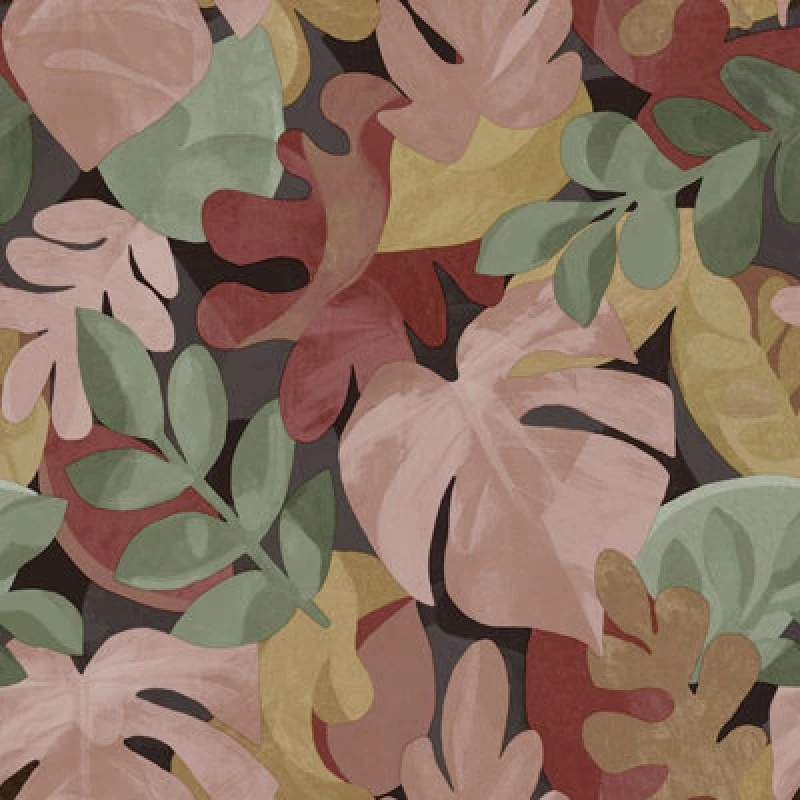 Image of Grandeco Boutique Retro Leaf Pvc-Free Eco Wallpaper, Red Pink Multi