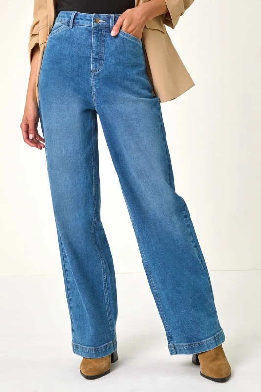 Image of Roman Womens Cotton Blend Wide Leg Stretch Jeans in Light Blue Size: 14 Light Blue Female 14