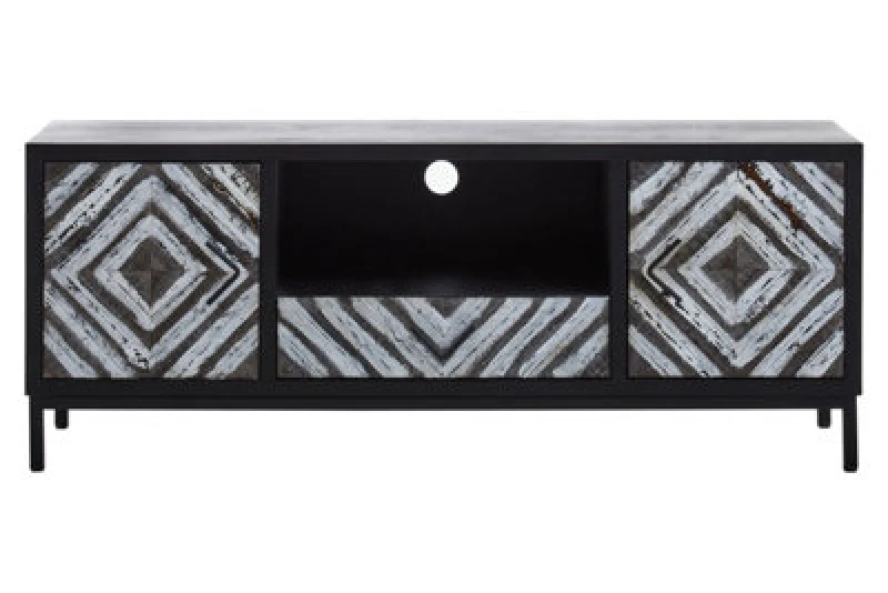 Image of Orsina Geometric Pattern Black Frame Media Unit, Durable Livingroom TV Unit, Strorage Modern TV Stand With Storage