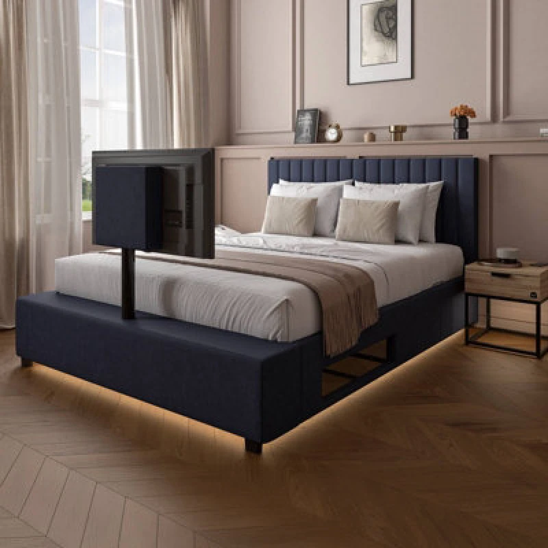 Image of X Rocker Maisie Velvet Ottoman TV Bed with LED Lighting Navy