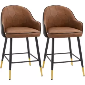 image of HOMCOM Modern Bar Stools Set of 2, PU Leather Bar Chairs with Steel Legs, Brown - Brown