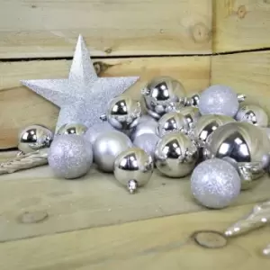 image of Shatter Proof Christmas Baubles in Silver box of 33 with Tree Topper Star