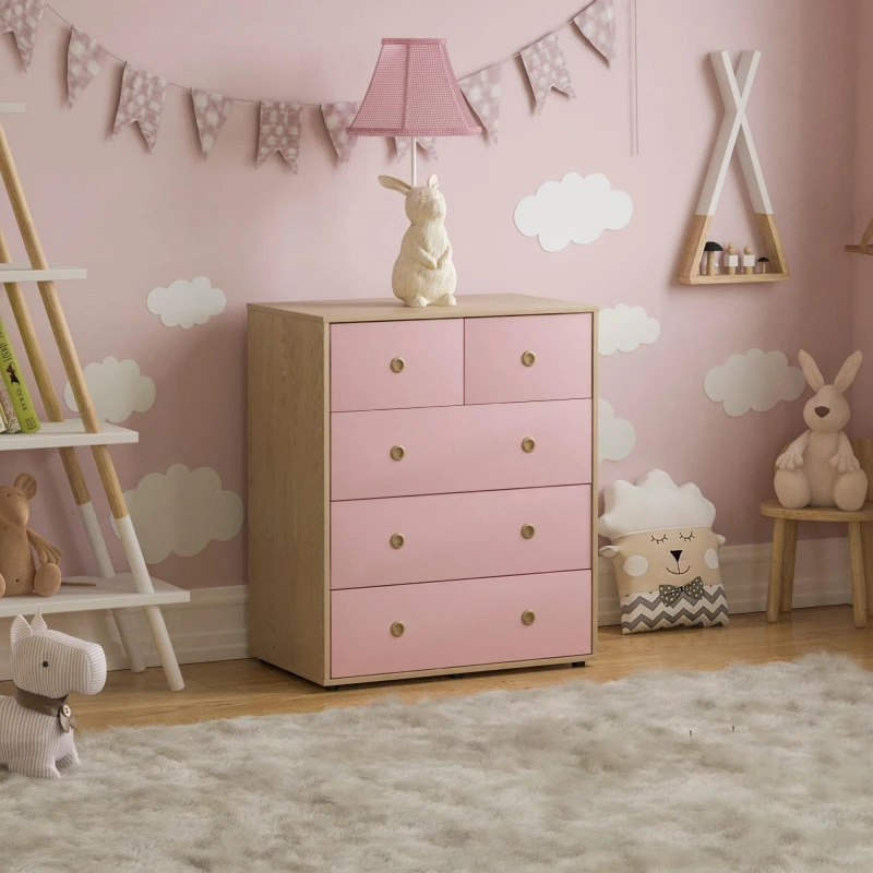 Image of Lassic Junior Vida Neptune 5 Drawer Chest Pink & Oak unisex 5 Drawer