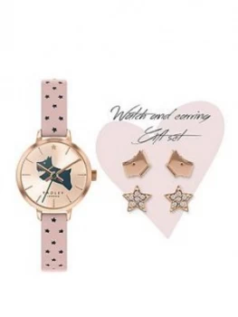 Radley White And Rose Gold Detail Dial Blush Star Print Leather Strap Ladies Watch And Rose Gold Earrings Gift Set