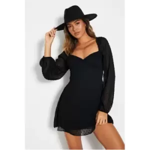 I Saw It First Dobby Mesh Long Puff Sleeve Skater Dress - Black