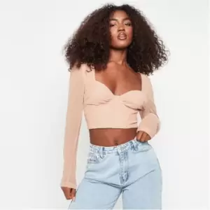 image of Missguided Mesh Puff Sleeve Milkmaid Corset Top - Beige