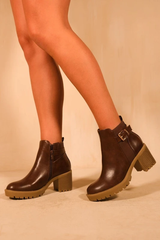 Image of Where's That From Womens 'Kali' Mid Block Heel With Buckle Detail Stretch Ankle Boots in Brown Size: 5 Brown Female 5