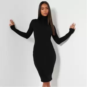 Image of I Saw It First Cotton Rib Roll Neck Long Sleeve Dress - Black