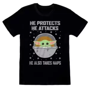 Image of Star Wars: The Mandalorian Unisex Adult Protects And Attacks T-Shirt (L) (Black)
