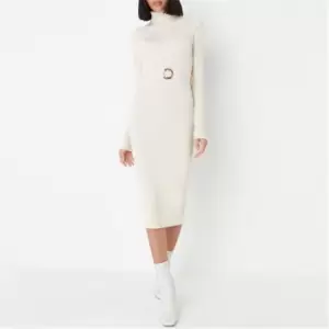 image of Missguided Tall Rib Belted Roll Neck Knit Midi Dress - Neutral