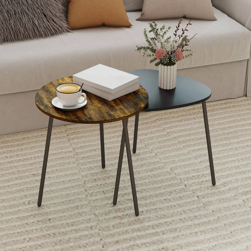 Image of HOMCOM HOMCOM Set of 2 Nesting Side Table with Metal Frame, Rustic Brown Brown One Size Unisex 5063603274099