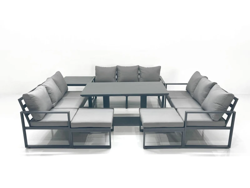 Image of Fimous 11 Seater Garden Sofa Set Aluminium Furniture Rising Dining Tabe Set with Side Table 2 Big Footstools Dark Grey Dark Grey Unisex