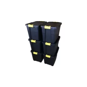 6 x 60L Heavy Duty Storage Tubs Sturdy, Lockable, Stackable and Nestable Design Storage Chests with Clips in Black - main image