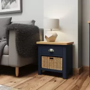 image of Rye Two Tone Oak & Blue 2 Drawer Hallway/Bathroom Storage Unit With Wicker Baskets