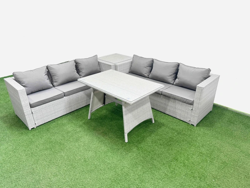 Image of Fimous 6-seater Patio Rectangular Table 3 Seater Sofa Set with Side Table in Light Grey Light Grey Unisex
