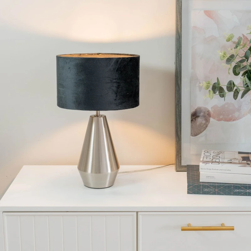 Image of ValueLights Jax Brushed Chrome Dimmable Touch Table Lamp with Velvet Drum Shade Black