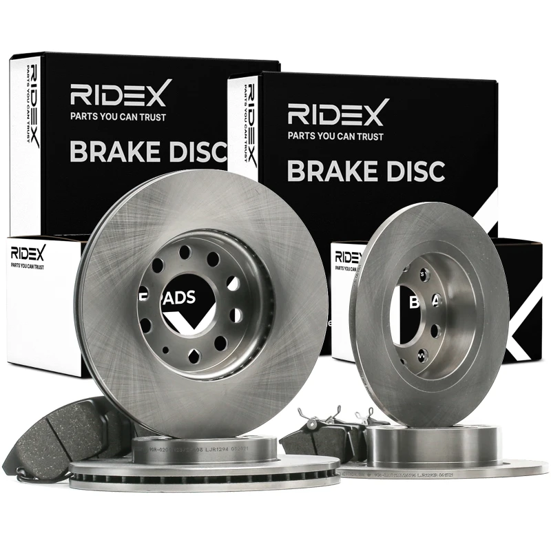 Image of RIDEX 3405B0509 Brake disc and pads set Rear Axle, Brake Disc Type: Solid, not prepared for wear warning indicator, with bolts/screws Brake Set,disc