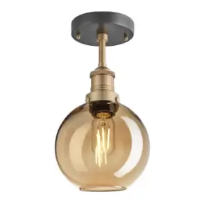 image of Industville Brooklyn Tinted Glass Globe Amber Flush Mount Light / 7" Pewter Holder