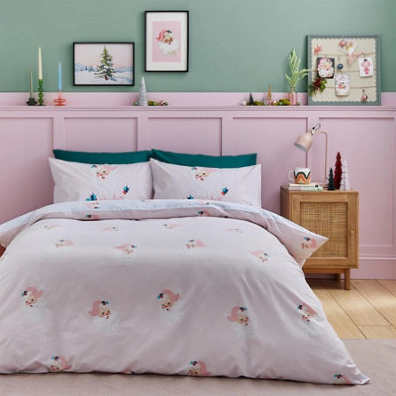 Image of Catherine Lansfield Vintage Christmas Santa Duvet Cover Bedding Set Pink